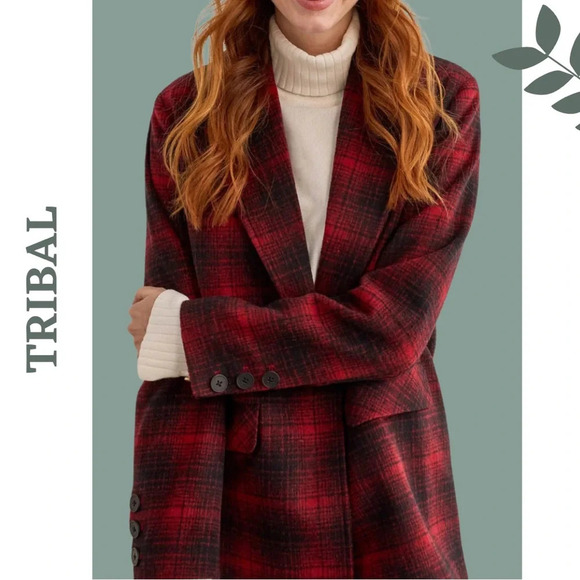 Tribal Red Black Plaid Collared Jacket Single Breasted Size Small - Picture 1 of 8